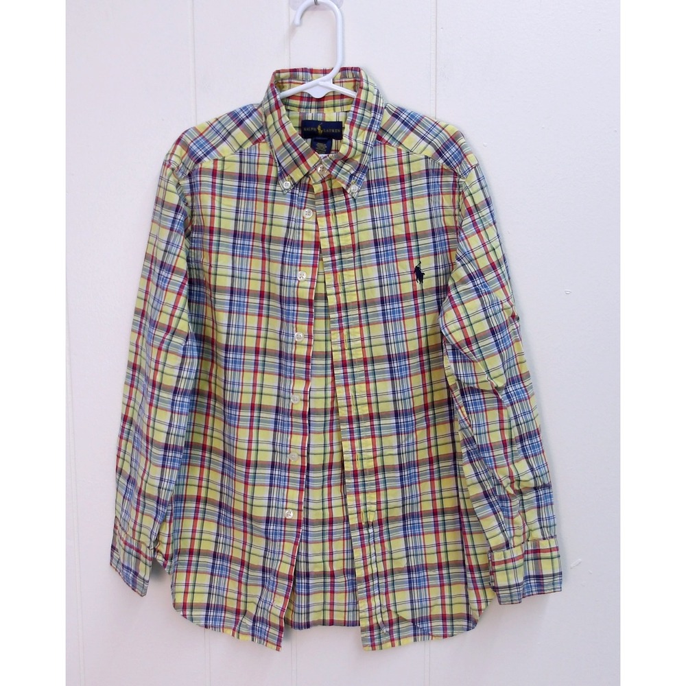 Ralph Lauren Kids Plaid Button Down Long Sleeve Shirt Yellow Blue Sz 8 / #1042